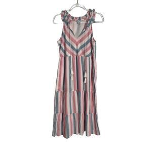 TOMMY BAHAMA Lena Mallory Sun Linen-Blend Midi Sundress Small Tiered Pockets